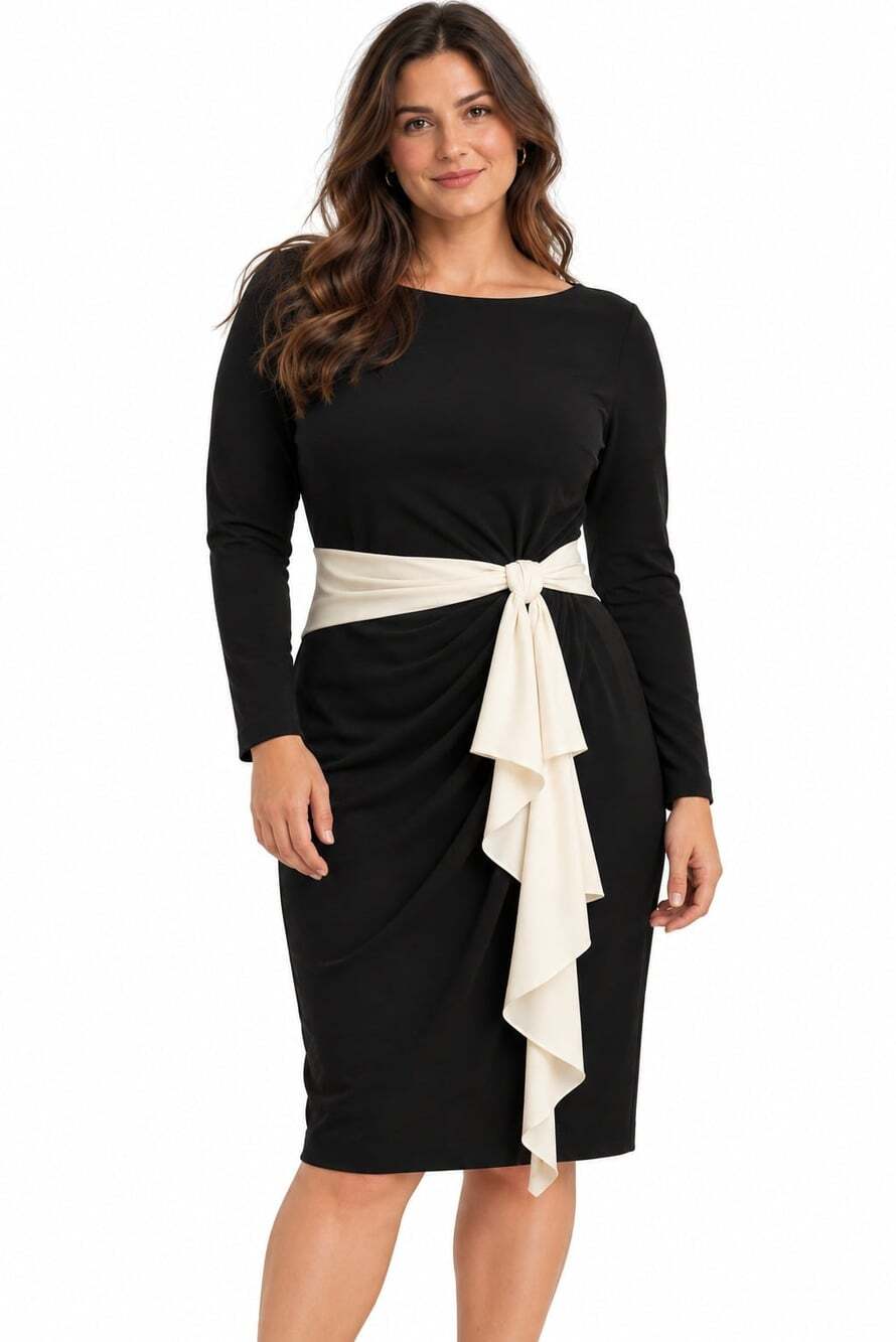 Lauren Ralph Lauren Women's Black Sheath Dress White Sash Knot Formal (Size 12)